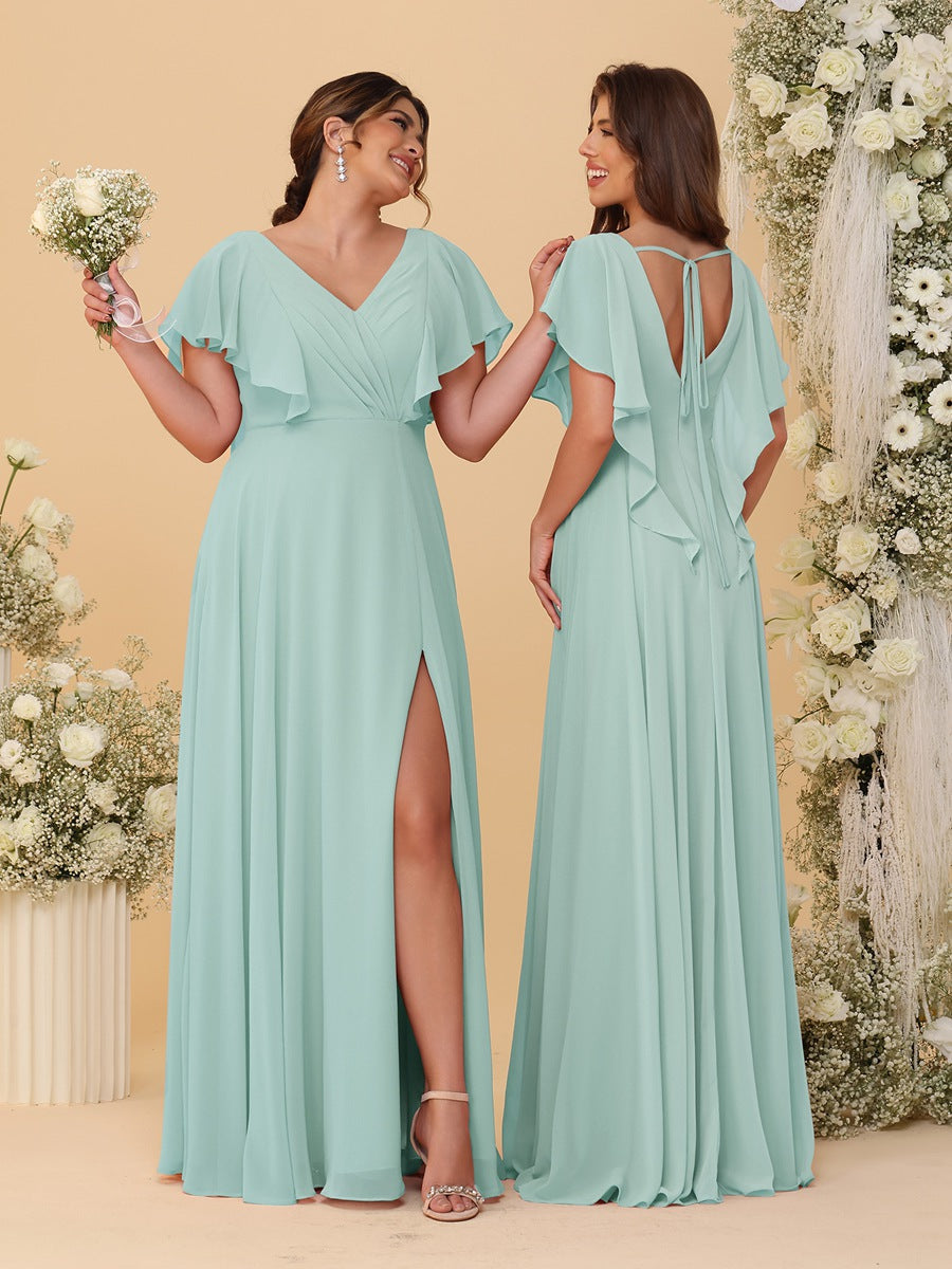 A-Line/Princess V-Neck Short Sleeves Floor-Length Ruched Bridesmaid Dresses With Side Slit