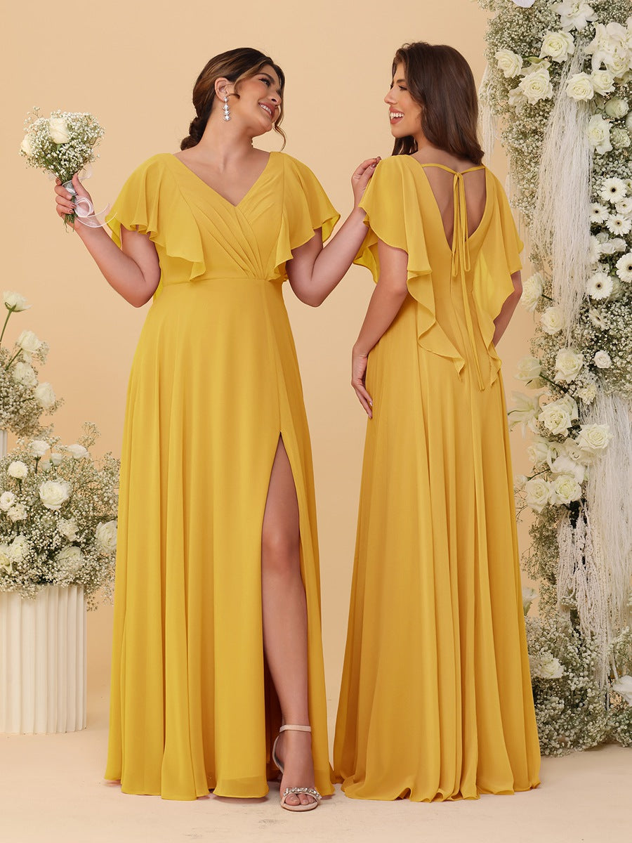A-Line/Princess V-Neck Short Sleeves Floor-Length Ruched Bridesmaid Dresses With Side Slit