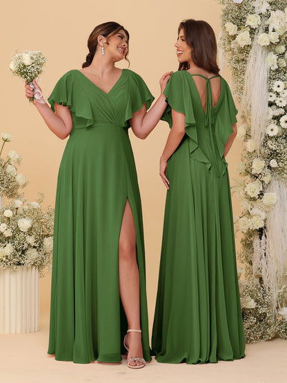 A-Line/Princess V-Neck Short Sleeves Floor-Length Ruched Bridesmaid Dresses With Side Slit