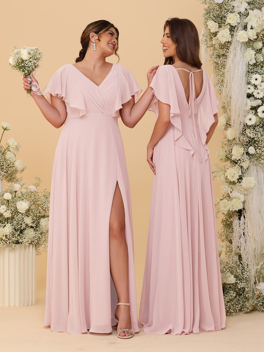 A-Line/Princess V-Neck Short Sleeves Floor-Length Ruched Bridesmaid Dresses With Side Slit