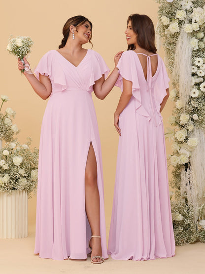 A-Line/Princess V-Neck Short Sleeves Floor-Length Ruched Bridesmaid Dresses With Side Slit