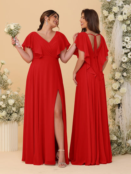 A-Line/Princess V-Neck Short Sleeves Floor-Length Ruched Bridesmaid Dresses With Side Slit