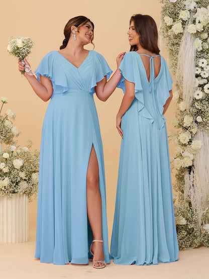 A-Line/Princess V-Neck Short Sleeves Floor-Length Ruched Bridesmaid Dresses With Side Slit