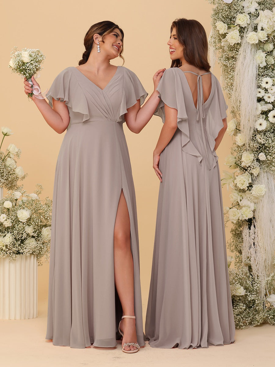 A-Line/Princess V-Neck Short Sleeves Floor-Length Ruched Bridesmaid Dresses With Side Slit
