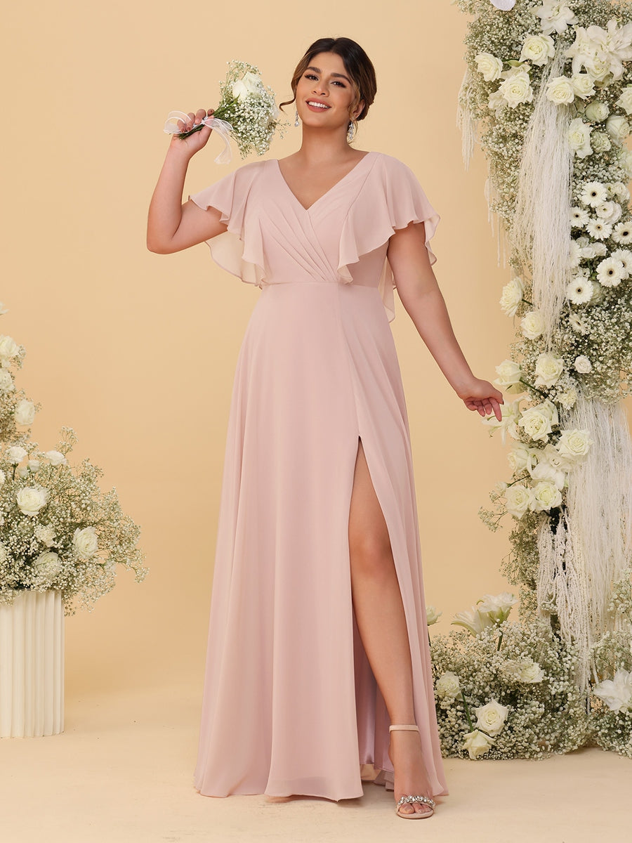 A-Line/Princess V-Neck Short Sleeves Floor-Length Plus Size Bridesmaid Dresses With Side Slit
