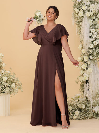 A-Line/Princess V-Neck Short Sleeves Floor-Length Plus Size Bridesmaid Dresses With Side Slit