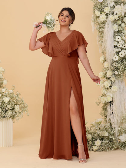 A-Line/Princess V-Neck Short Sleeves Floor-Length Plus Size Bridesmaid Dresses With Side Slit