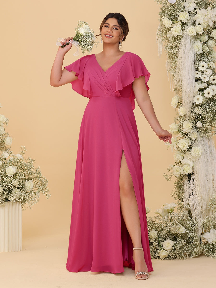 A-Line/Princess V-Neck Short Sleeves Floor-Length Plus Size Bridesmaid Dresses With Side Slit