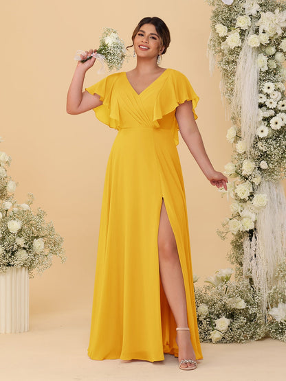 A-Line/Princess V-Neck Short Sleeves Floor-Length Plus Size Bridesmaid Dresses With Side Slit