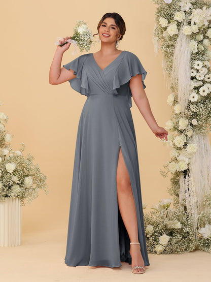 A-Line/Princess V-Neck Short Sleeves Floor-Length Plus Size Bridesmaid Dresses With Side Slit