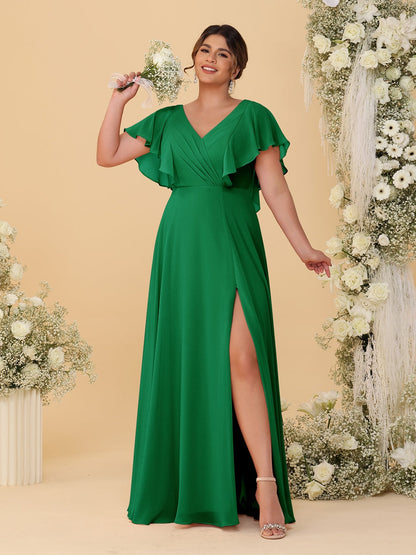 A-Line/Princess V-Neck Short Sleeves Floor-Length Plus Size Bridesmaid Dresses With Side Slit