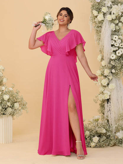 A-Line/Princess V-Neck Short Sleeves Floor-Length Plus Size Bridesmaid Dresses With Side Slit
