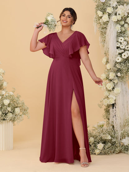 A-Line/Princess V-Neck Short Sleeves Floor-Length Plus Size Bridesmaid Dresses With Side Slit