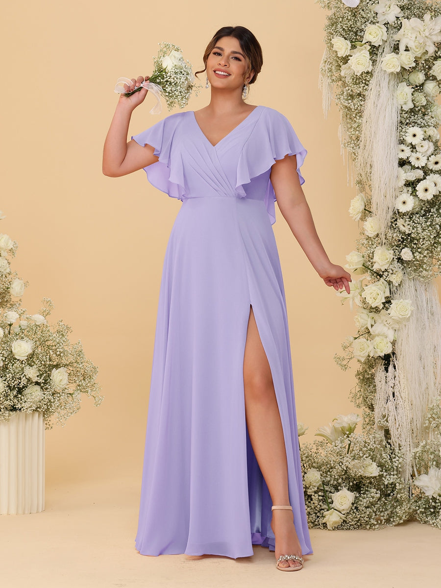 A-Line/Princess V-Neck Short Sleeves Floor-Length Plus Size Bridesmaid Dresses With Side Slit