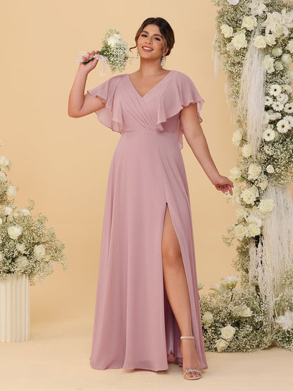 A-Line/Princess V-Neck Short Sleeves Floor-Length Plus Size Bridesmaid Dresses With Side Slit