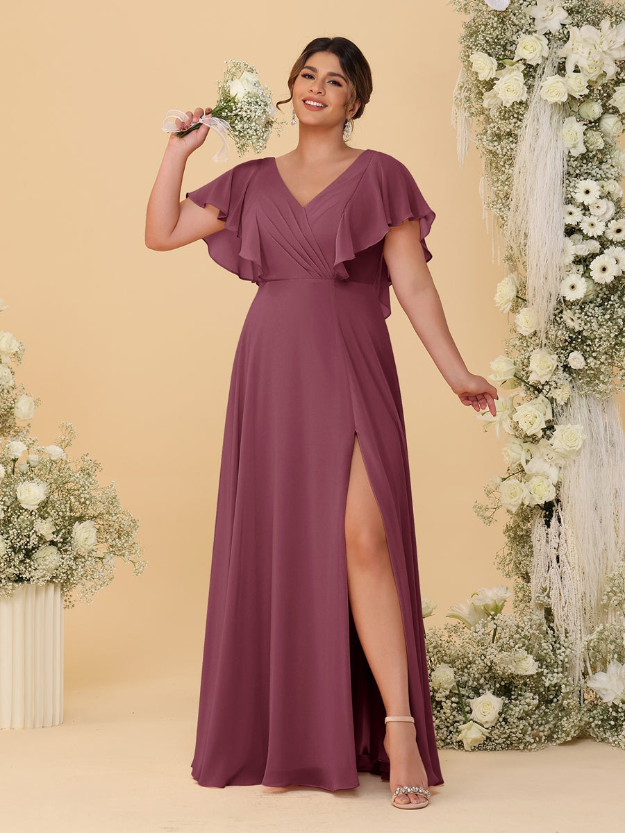 A-Line/Princess V-Neck Short Sleeves Floor-Length Plus Size Bridesmaid Dresses With Side Slit