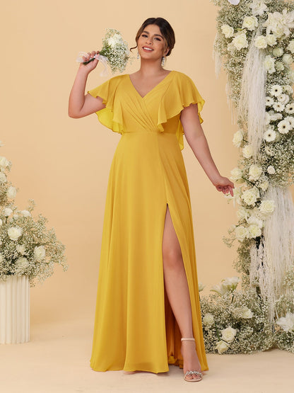 A-Line/Princess V-Neck Short Sleeves Floor-Length Plus Size Bridesmaid Dresses With Side Slit
