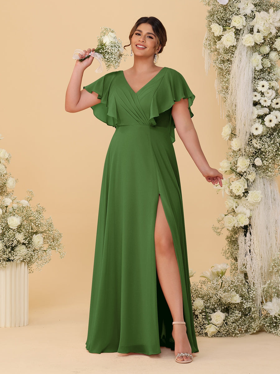 A-Line/Princess V-Neck Short Sleeves Floor-Length Plus Size Bridesmaid Dresses With Side Slit