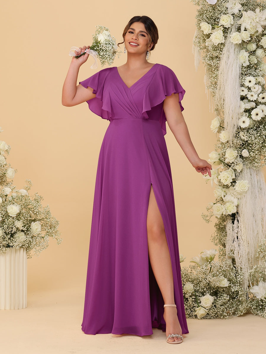A-Line/Princess V-Neck Short Sleeves Floor-Length Plus Size Bridesmaid Dresses With Side Slit