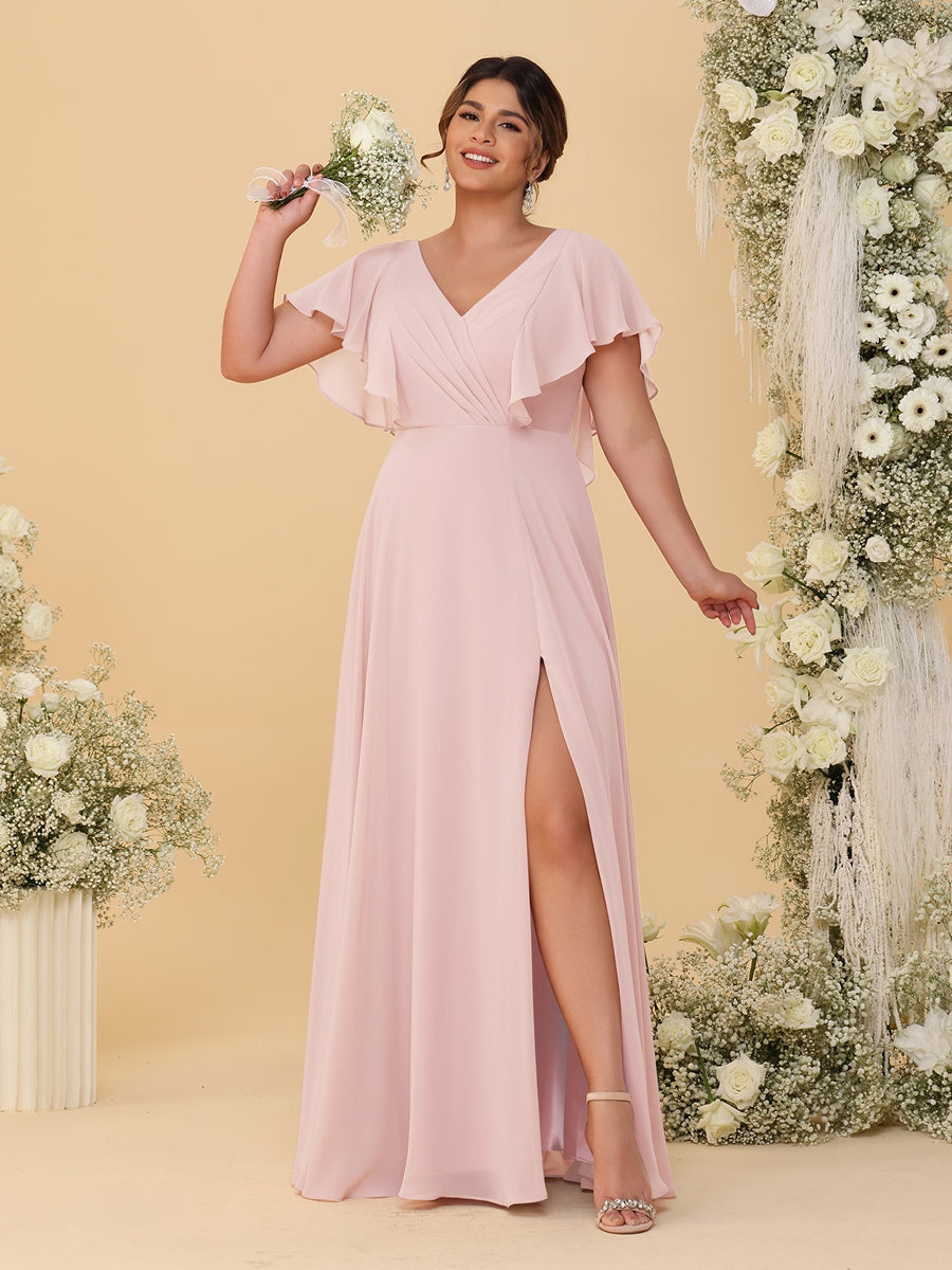 A-Line/Princess V-Neck Short Sleeves Floor-Length Plus Size Bridesmaid Dresses With Side Slit