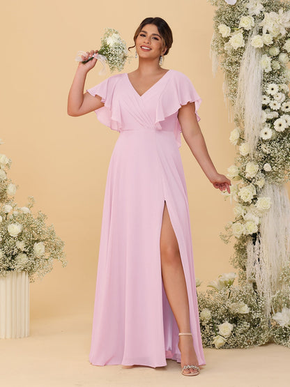 A-Line/Princess V-Neck Short Sleeves Floor-Length Plus Size Bridesmaid Dresses With Side Slit