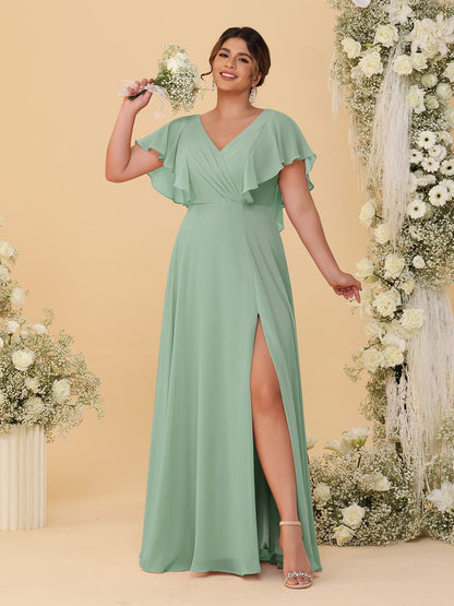 A-Line/Princess V-Neck Short Sleeves Floor-Length Plus Size Bridesmaid Dresses With Side Slit