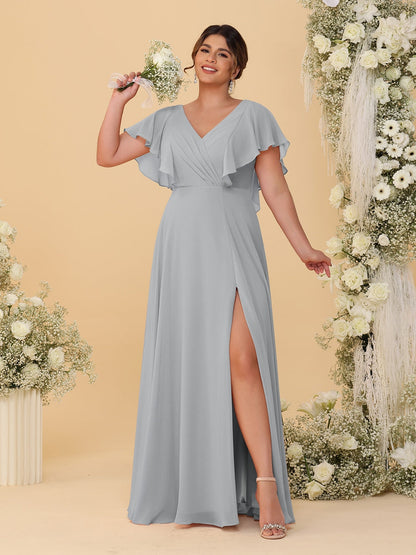 A-Line/Princess V-Neck Short Sleeves Floor-Length Plus Size Bridesmaid Dresses With Side Slit
