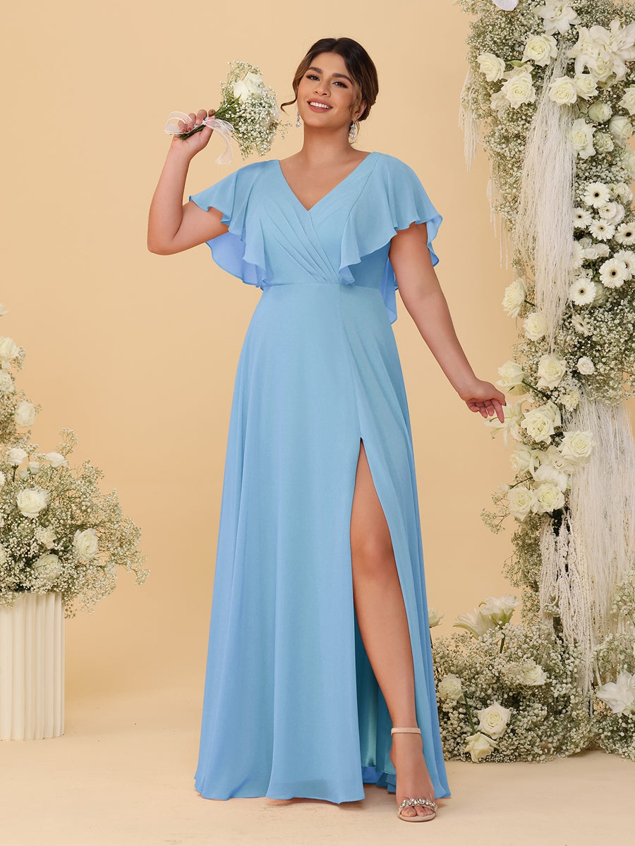 A-Line/Princess V-Neck Short Sleeves Floor-Length Plus Size Bridesmaid Dresses With Side Slit