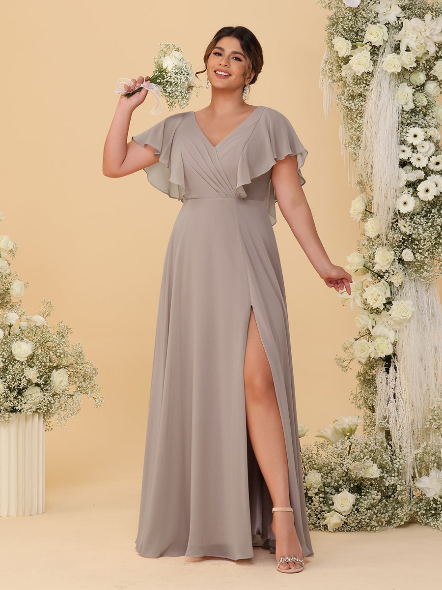 A-Line/Princess V-Neck Short Sleeves Floor-Length Plus Size Bridesmaid Dresses With Side Slit