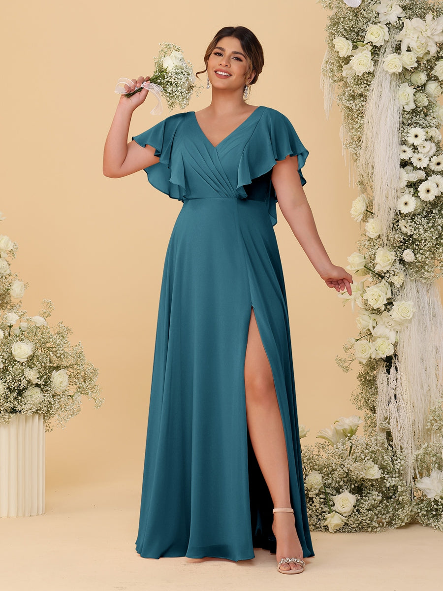 A-Line/Princess V-Neck Short Sleeves Floor-Length Plus Size Bridesmaid Dresses With Side Slit