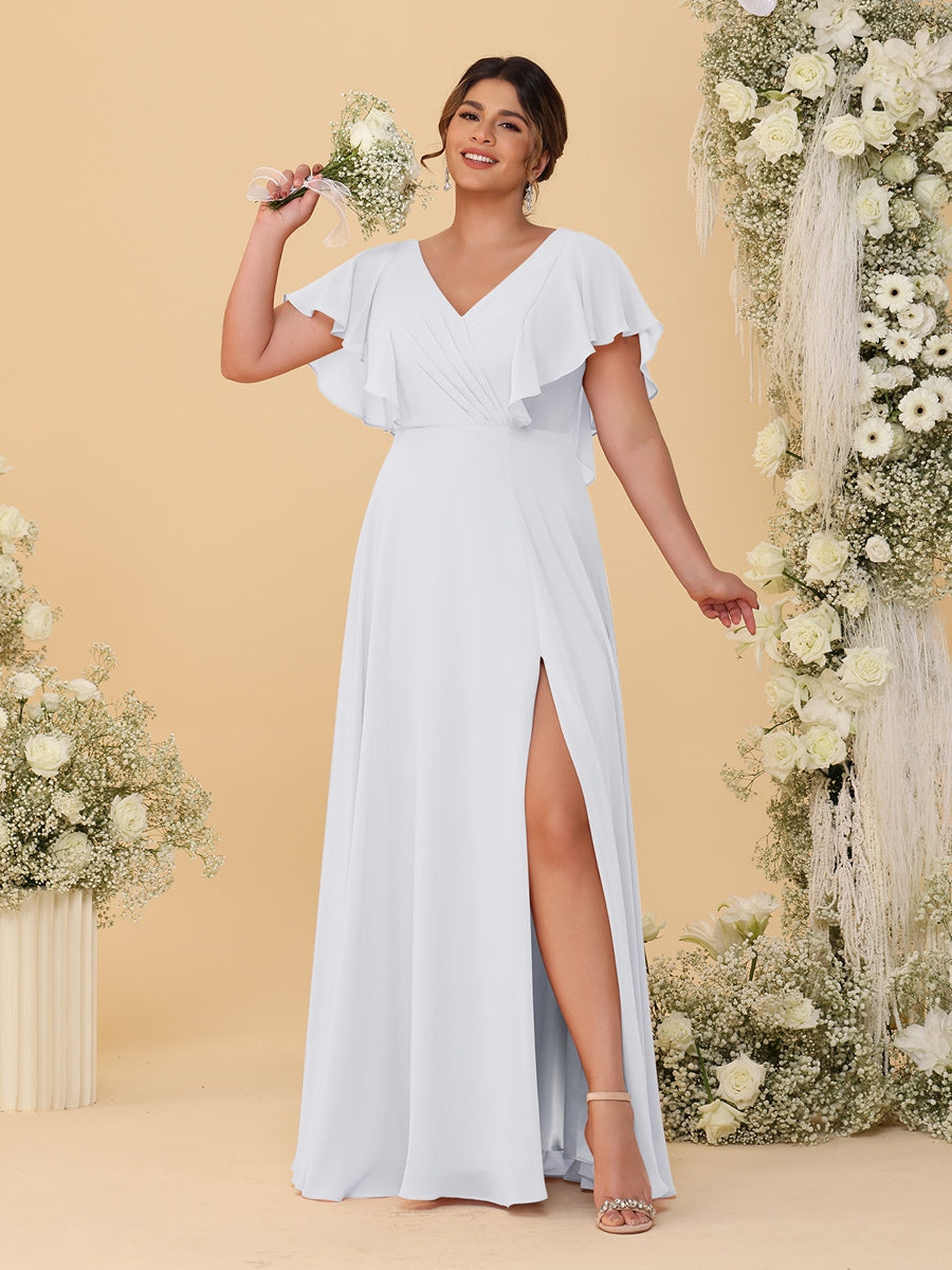 A-Line/Princess V-Neck Short Sleeves Floor-Length Plus Size Bridesmaid Dresses With Side Slit