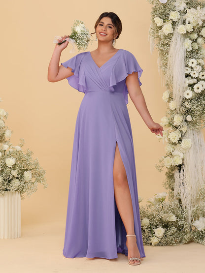 A-Line/Princess V-Neck Short Sleeves Floor-Length Plus Size Bridesmaid Dresses With Side Slit