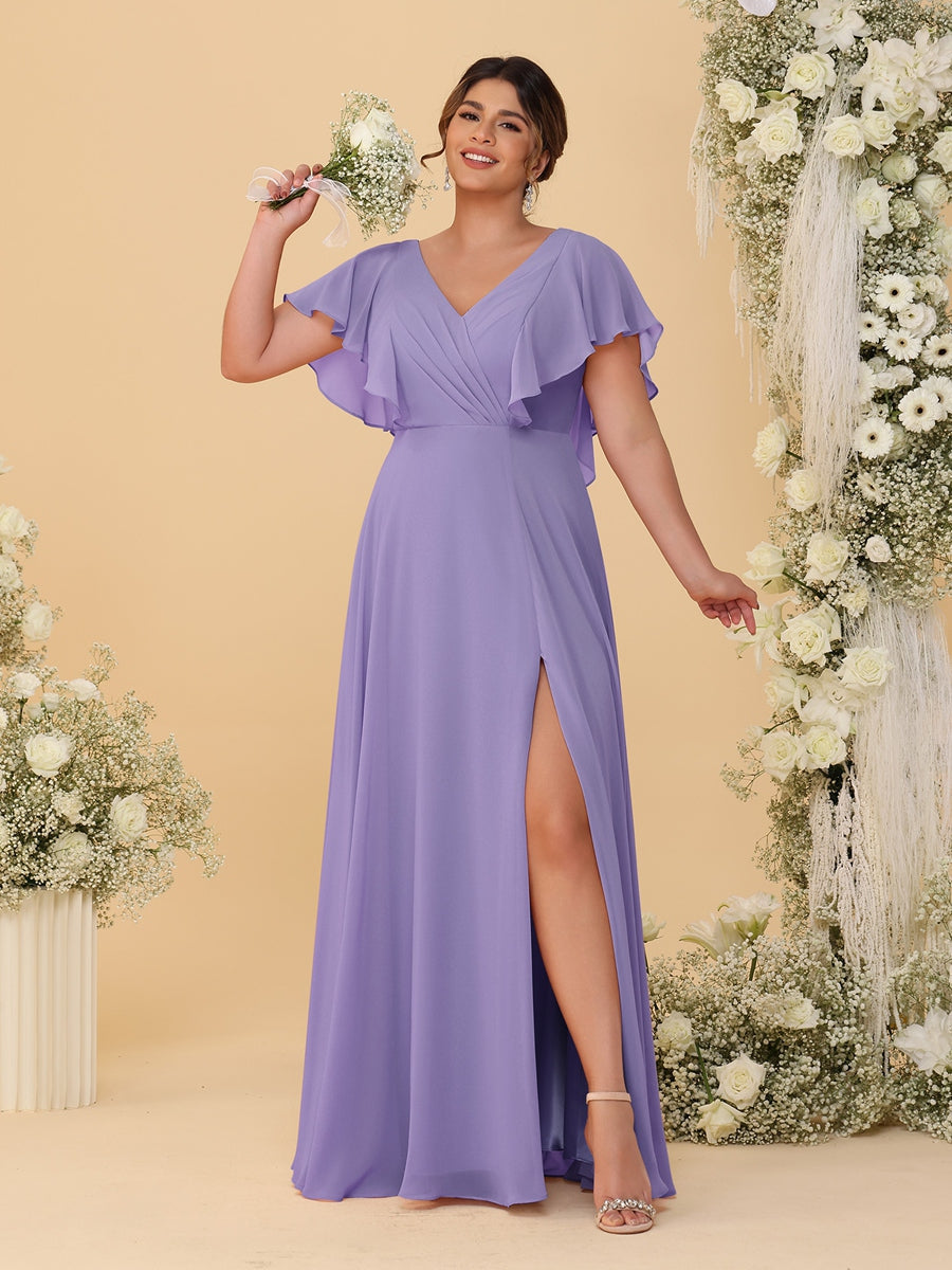 A-Line/Princess V-Neck Short Sleeves Floor-Length Plus Size Bridesmaid Dresses With Side Slit