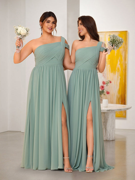 A-Line/Princess One-Shoulder Sleeveless Floor-Length Ruched Bridesmaid Dresses With Side Slit