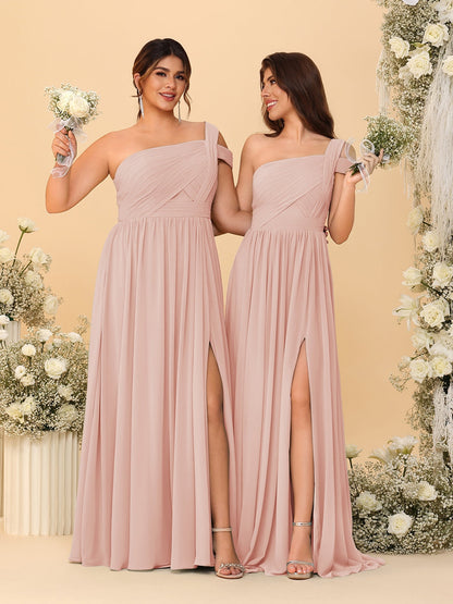 A-Line/Princess One-Shoulder Sleeveless Floor-Length Ruched Bridesmaid Dresses With Side Slit