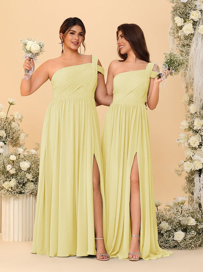 A-Line/Princess One-Shoulder Sleeveless Floor-Length Ruched Bridesmaid Dresses With Side Slit