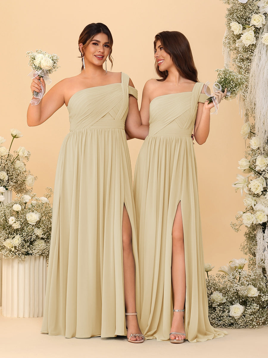 A-Line/Princess One-Shoulder Sleeveless Floor-Length Ruched Bridesmaid Dresses With Side Slit