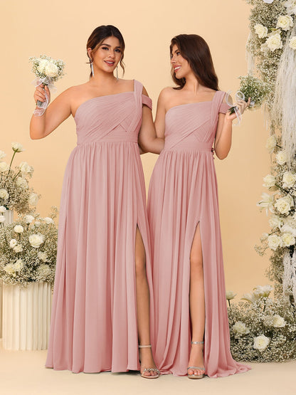 A-Line/Princess One-Shoulder Sleeveless Floor-Length Ruched Bridesmaid Dresses With Side Slit