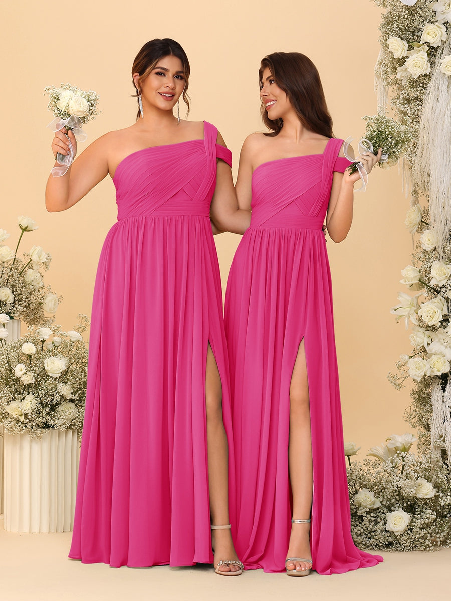 A-Line/Princess One-Shoulder Sleeveless Floor-Length Ruched Bridesmaid Dresses With Side Slit
