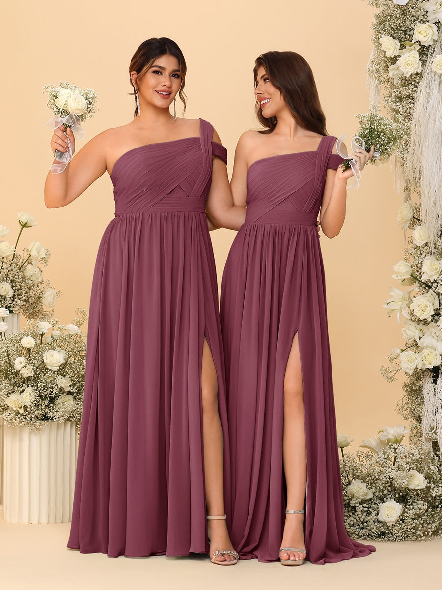 A-Line/Princess One-Shoulder Sleeveless Floor-Length Ruched Bridesmaid Dresses With Side Slit