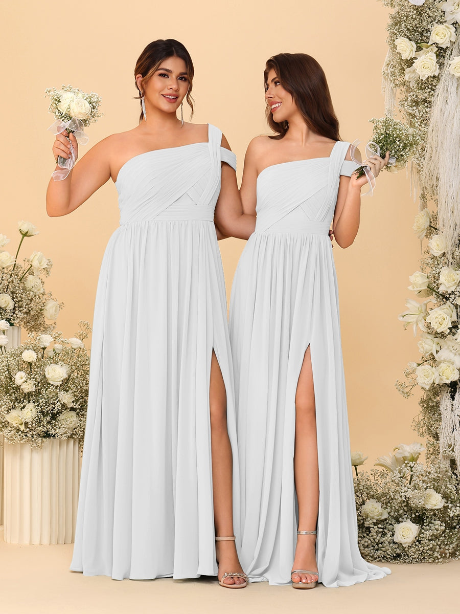 A-Line/Princess One-Shoulder Sleeveless Floor-Length Ruched Bridesmaid Dresses With Side Slit