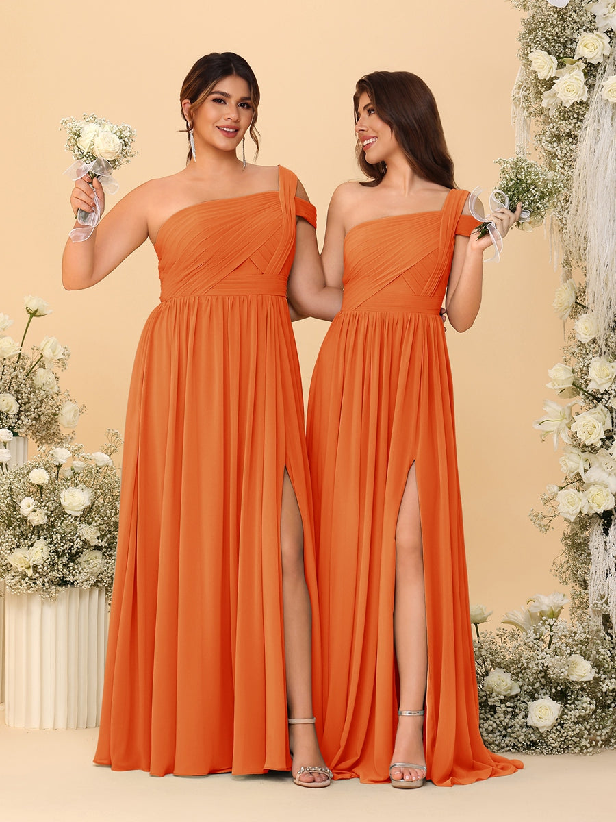 A-Line/Princess One-Shoulder Sleeveless Floor-Length Ruched Bridesmaid Dresses With Side Slit