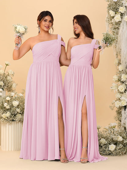 A-Line/Princess One-Shoulder Sleeveless Floor-Length Ruched Bridesmaid Dresses With Side Slit