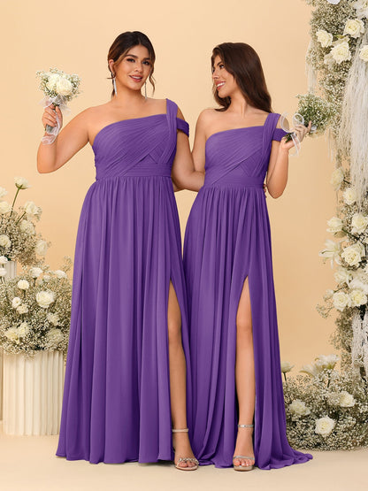 A-Line/Princess One-Shoulder Sleeveless Floor-Length Ruched Bridesmaid Dresses With Side Slit