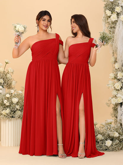 A-Line/Princess One-Shoulder Sleeveless Floor-Length Ruched Bridesmaid Dresses With Side Slit