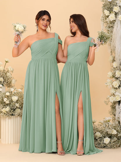 A-Line/Princess One-Shoulder Sleeveless Floor-Length Ruched Bridesmaid Dresses With Side Slit