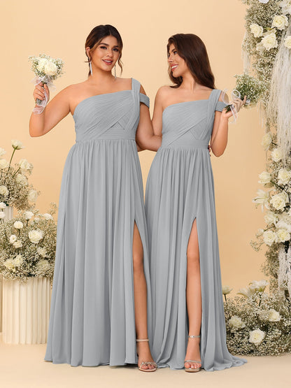 A-Line/Princess One-Shoulder Sleeveless Floor-Length Ruched Bridesmaid Dresses With Side Slit