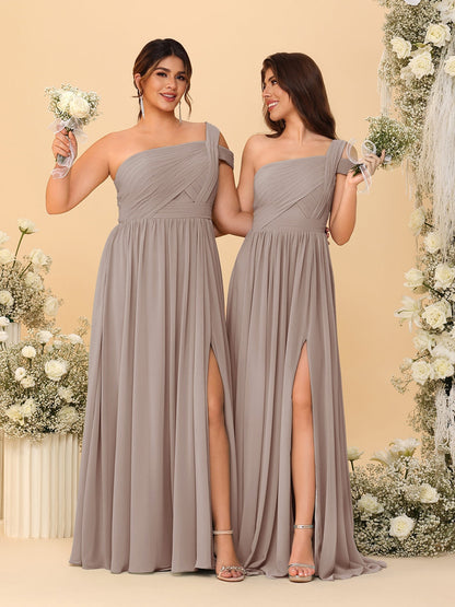 A-Line/Princess One-Shoulder Sleeveless Floor-Length Ruched Bridesmaid Dresses With Side Slit