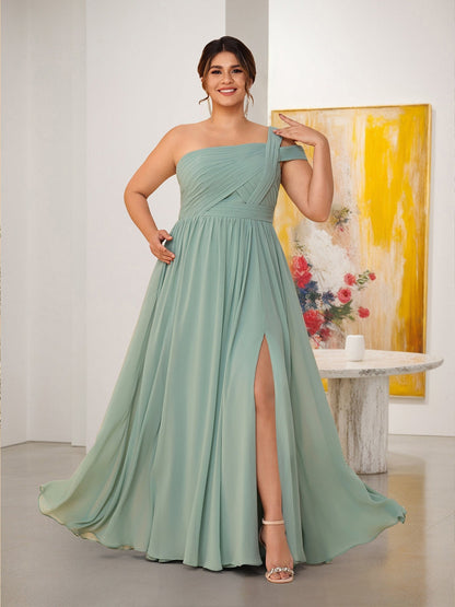 A-Line/Princess One-Shoulder Sleeveless Floor-Length Ruched Plus Size Bridesmaid Dresses With Side Slit