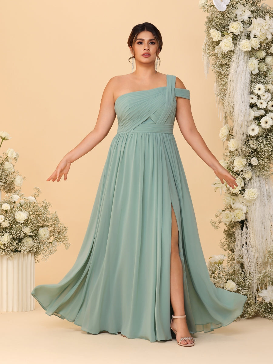 A-Line/Princess One-Shoulder Sleeveless Floor-Length Ruched Plus Size Bridesmaid Dresses With Side Slit